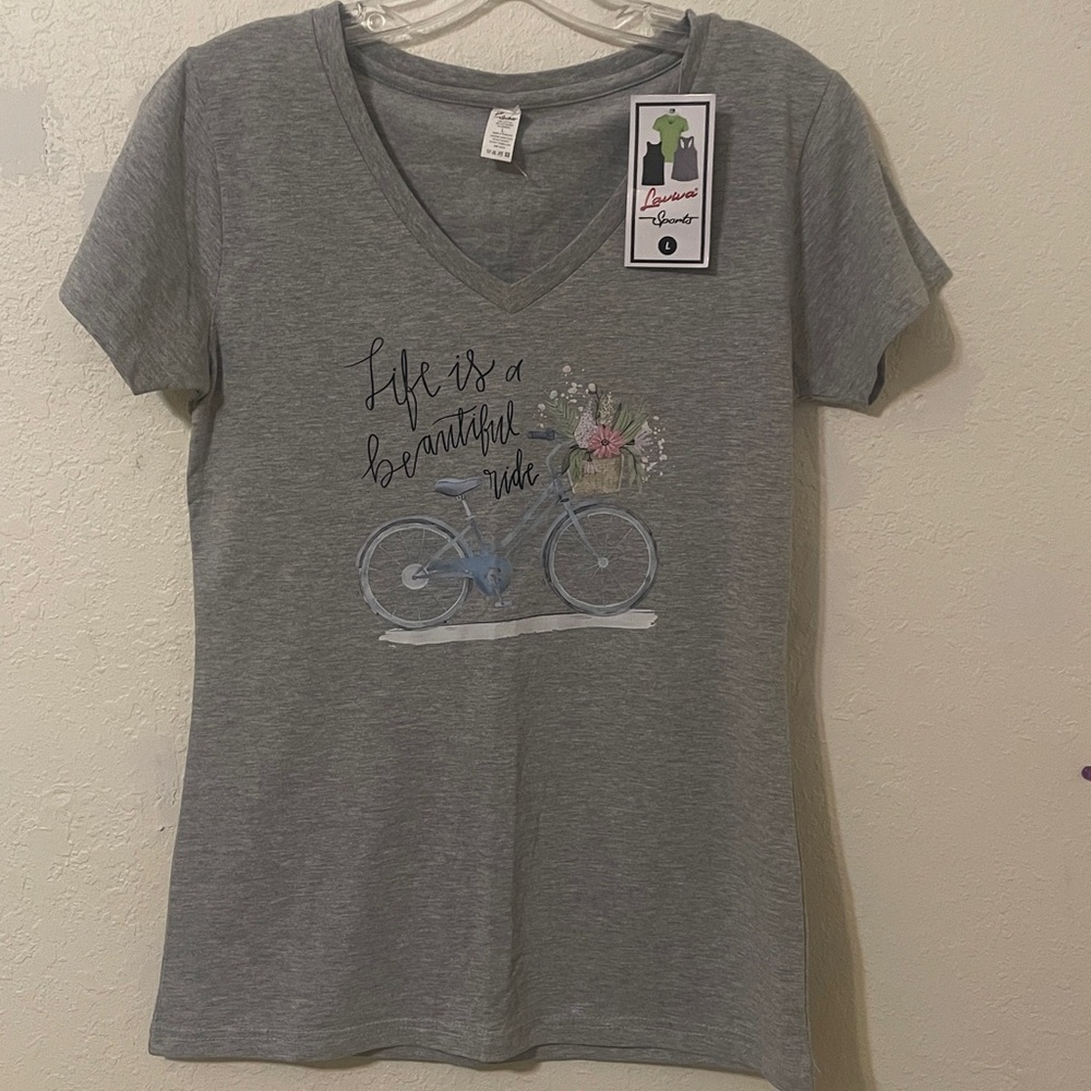 Gray V-Neck Tee with Bicycle Design